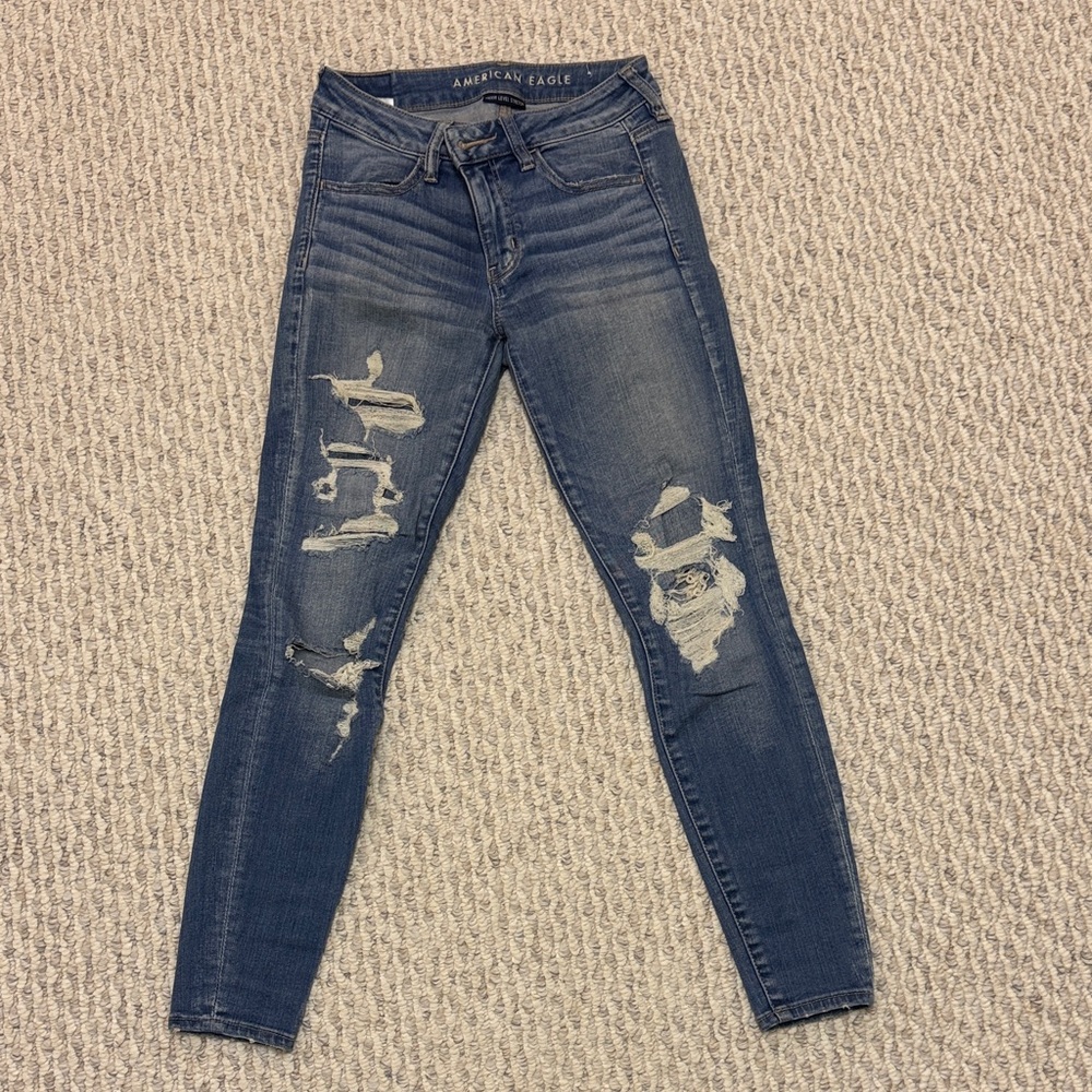 American Eagle Outfitters Women's Dark Blue Ripped Skinny Jeans
